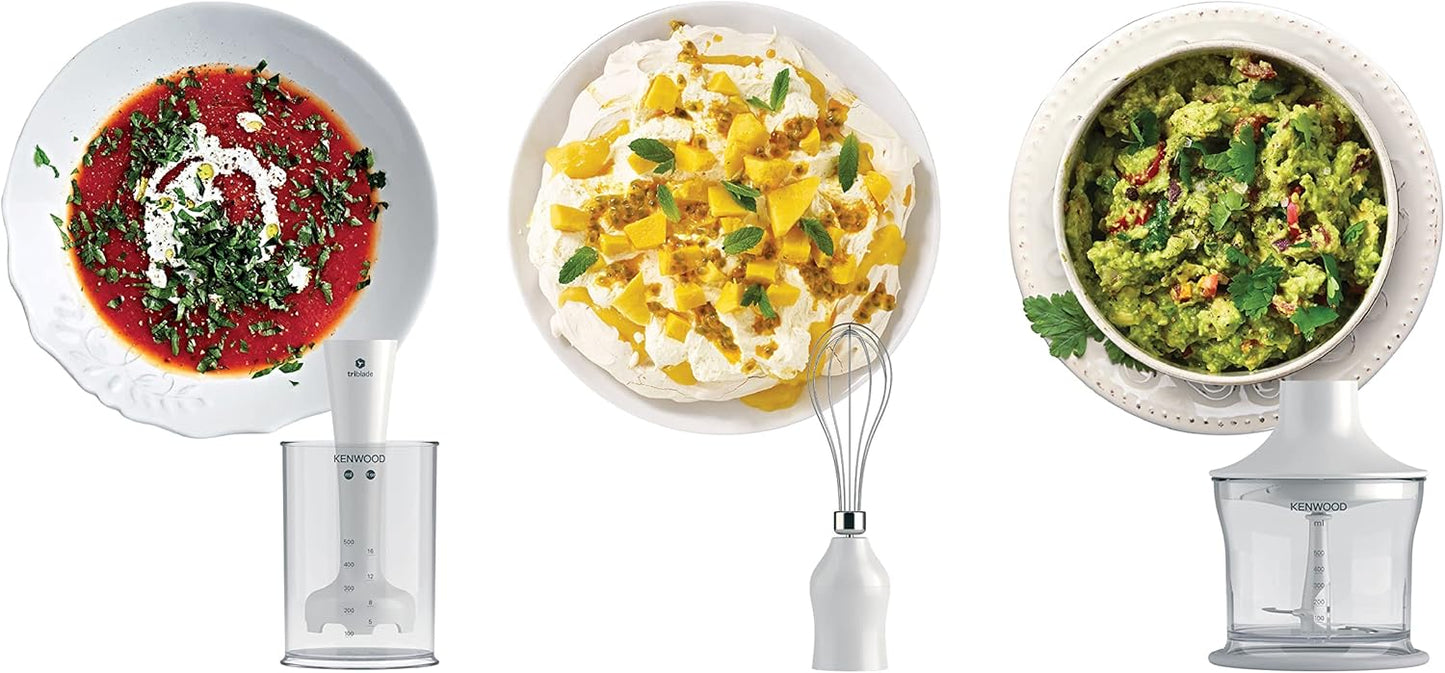 Mixeur plongeant Kenwood 700W avec hachoir 500 ml, verre 500 ml, fouet, Technologie Triblade HDP104WG Blanc