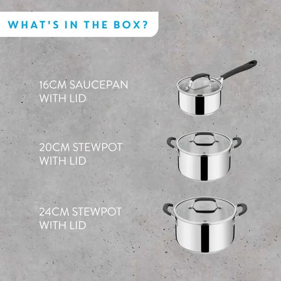 Batterie de cuisine 3 pièces en inox Jamie Oliver Home Cook (casserole, marmites + couvercles)