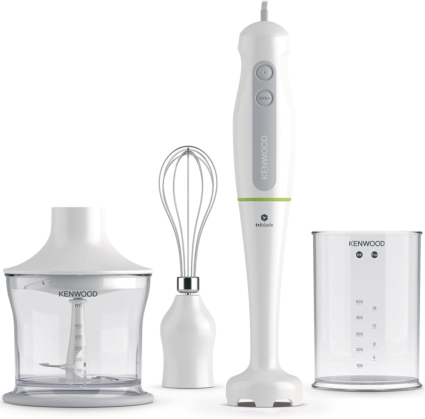 Mixeur plongeant Kenwood 700W avec hachoir 500 ml, verre 500 ml, fouet, Technologie Triblade HDP104WG Blanc