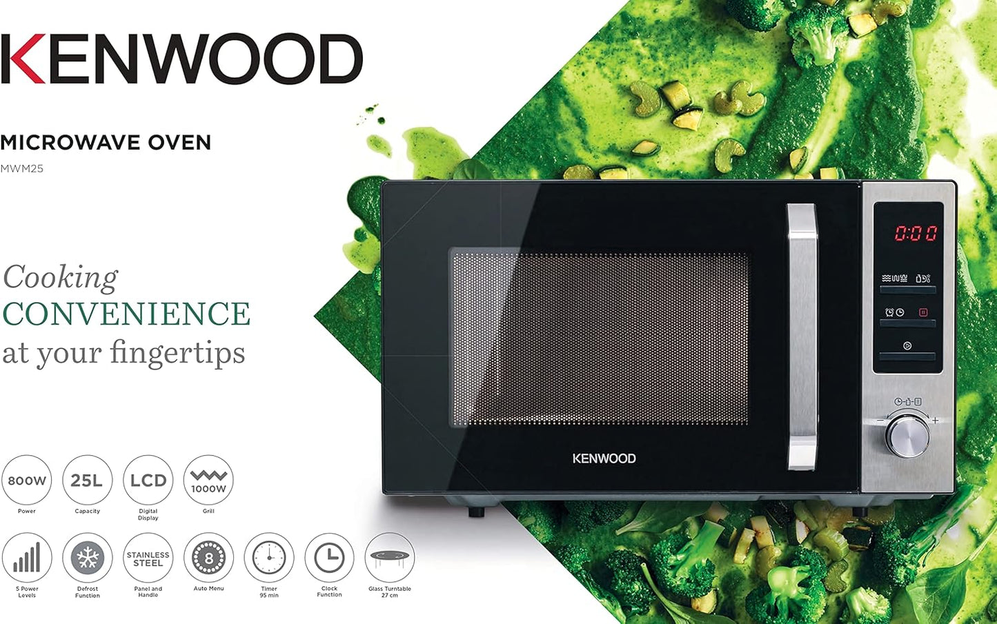 Kenwood Micro-ondes 25L avec Gril, 800W MWM25.000BK Noir/Argent