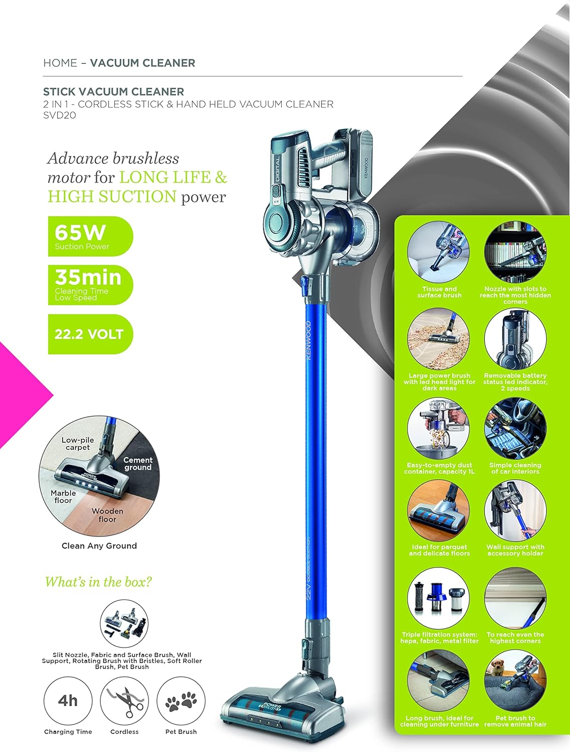 KENWOOD Aspirateur Sans Fil 2-en-1, Aspirateur Balai Vertical + Aspirateur à Main, 200W, SVD20.000BL Bleu