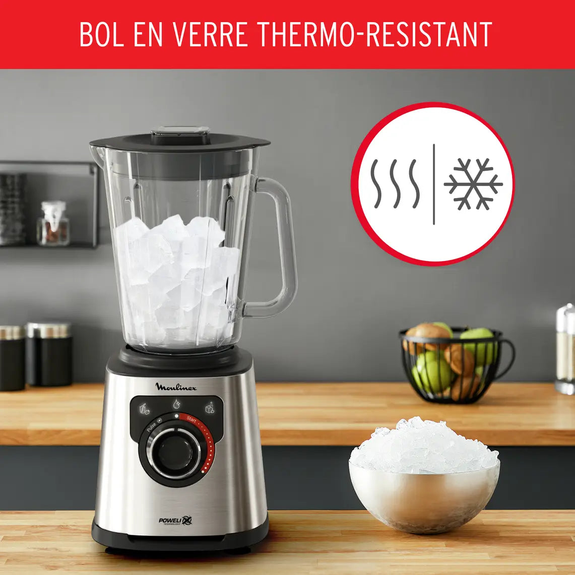 PerfectMix +, Blender haute performance, Lames Powelix, Bol en verre de 2L, 1200W, Noir et métal