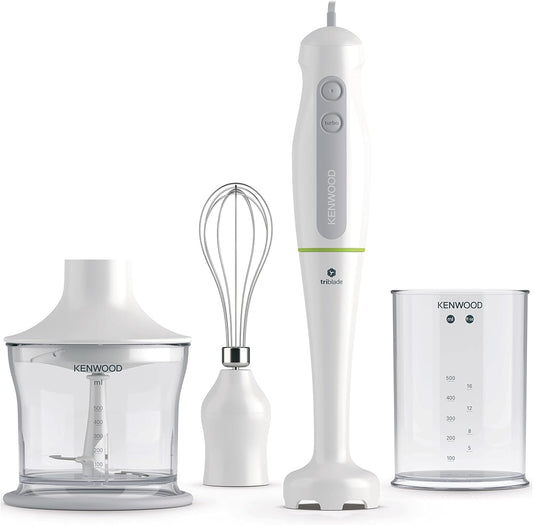 Mixeur plongeant Kenwood 700W avec hachoir 500 ml, verre 500 ml, fouet, Technologie Triblade HDP104WG Blanc